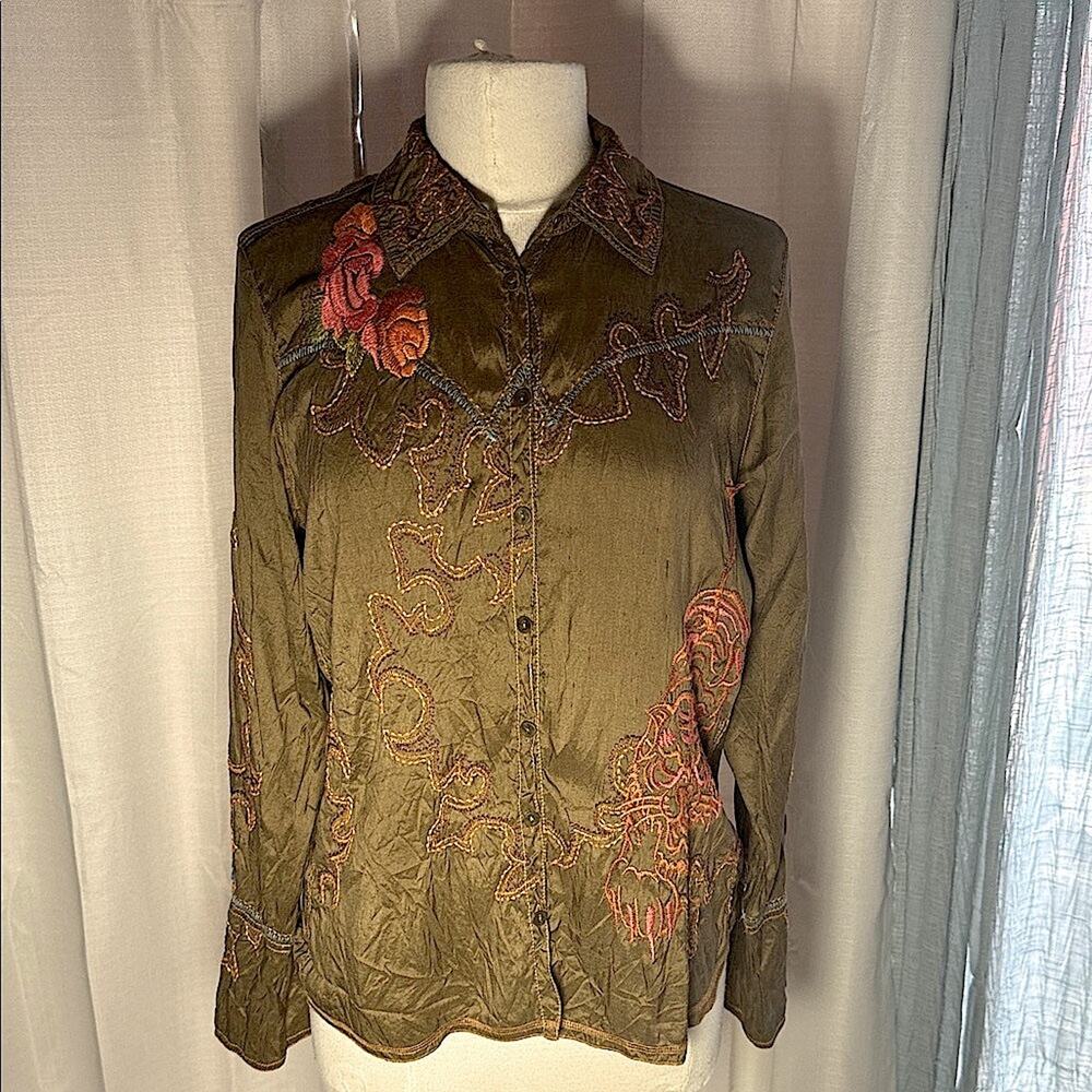 Johnny Was Olive Blouse with Floral Embroidery